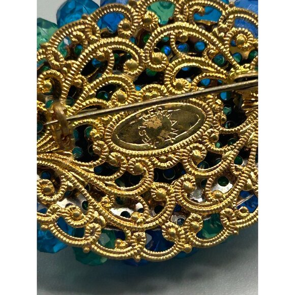 Signed West Germany Pin Brooch Vintage Blue Green Beads on Gold Tone Filigree - Picture 6 of 7